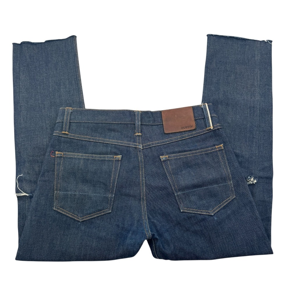 Gustin Jeans Mens 31 Blue Denim Selvedge Distressed Mid-Rise Raw Hem Button Fly